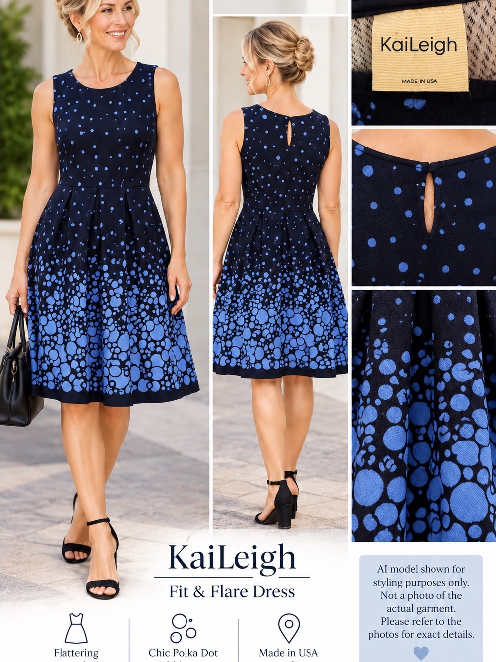 💙 Kaileigh Navy & Periwinkle Polka Dot Bubble Print Fit & Flare Dress USA-Made